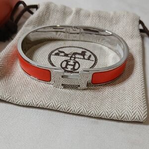 Hermes Silver-Tone Bracelet with Bright Orange Enamel